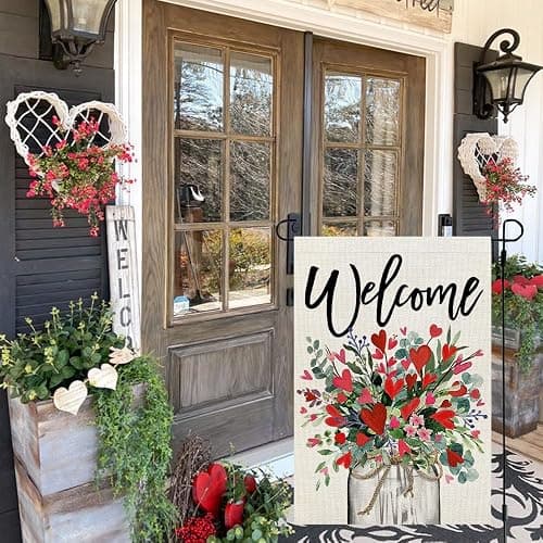 CROWNED BEAUTY Valentines Day Floral Mason Jar Garden Flag 12x18 Inch Double Sided for Outside Welcome Burlap Small Holiday Yard Flag thumbnail 5