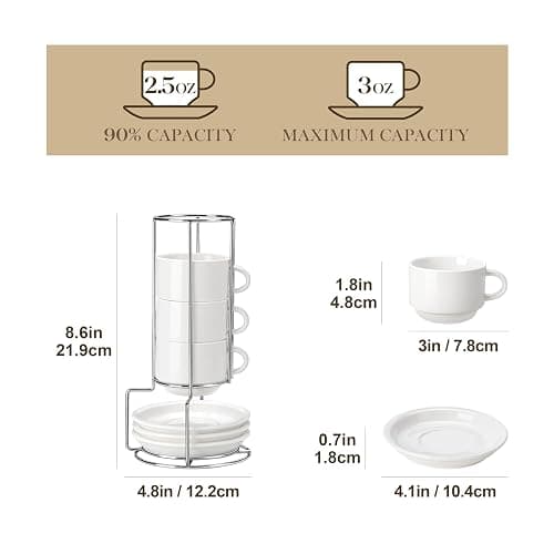 MALACASA 2.5 OZ Porcelain Espresso Cups with Saucers and Metal Stand Set of 4, Stackable Cappuccino Cups, White Expresso Shots Cup Set for Coffee Drinks, Latte, Tea thumbnail 3