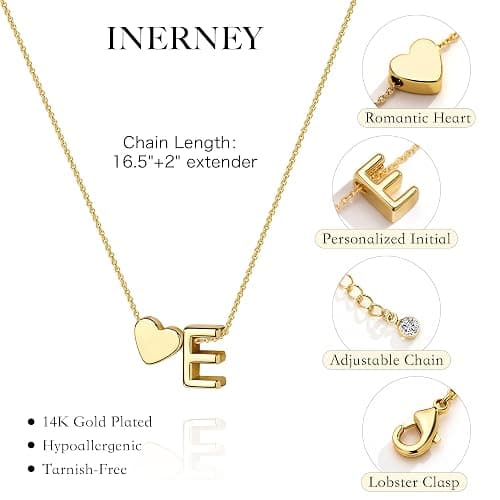 Inerney Gold Heart Initial Necklace for Women 14K Gold Plated A-Z Letter Pendant Necklace Dainty Tiny Heart Monogram Necklace Personalized Name Necklace Gift Jewelry for Women thumbnail 5