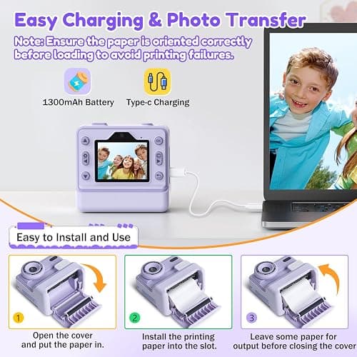 Kids Camera Instant Print, Instant Camera with 1080P Videos, Front Rear Dual Selfie instant print camera with 3 Rolls Print Paper & 32GB SD Cards, Christmas Birthday Gifts for Girls Age 3-12 (Purple) thumbnail 6