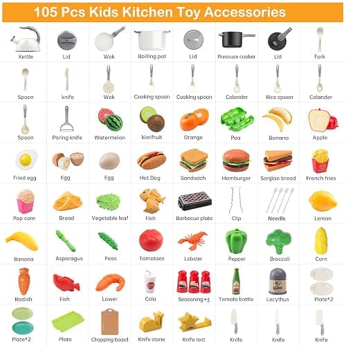 Zero Zoo 105Pcs Kids Kitchen Toy Accessories, Toddler Pretend BBQ Camping Cooking Playset, Play Pots, Pans, Utensils Cookware Toys, Play Food Set, Vegetables, Learning Gift for Girls Boys thumbnail 2