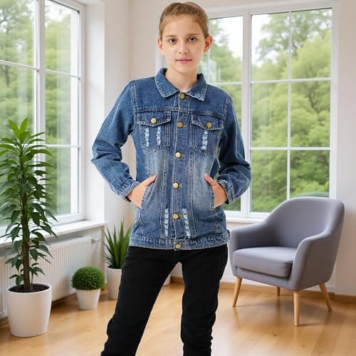 Girls Boys Jean Jacket for (4-14 Years Kids) Trendy Cozy Soft Ripped Denim Coat Casual Outerwear School Travel Teen Gift thumbnail 3
