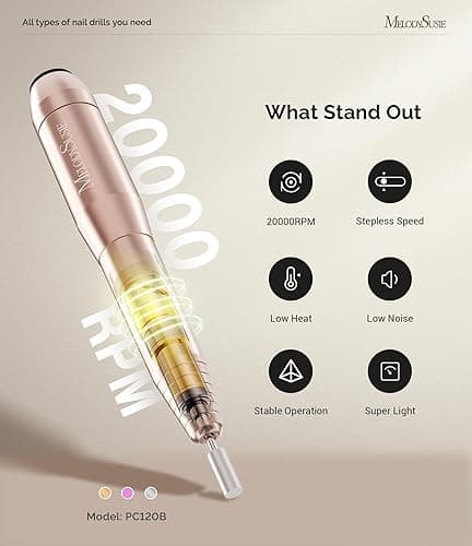 MelodySusie Portable Electric Nail Drill,PC120B Compact Efile Electrical Professional Nail File Kit for Acrylic, Gel Nails, Manicure Pedicure Polishing Shape Tools Design for Home Salon Use, Gold thumbnail 5