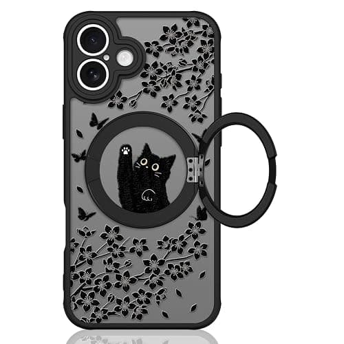 Heaofei Cute Case for iPhone 16 Plus Case with Stand [ Compatible with MagSafe ] Kawaii Black Cat & Floral & Butterflies Pattern Design 360 Magnetic Ring Kickstand Phone Cover for Women Girls Boys - Image 1
