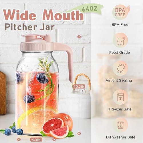 Mason Jar with Pour Spout Lid V-shaped, 2 Quart Iced Tea Pitcher Double Leak Proof, 64 oz Drink Pitcher for Breastmilk, Sun Tea, Juice, Coffee Creamer, Formula Pitche thumbnail 2
