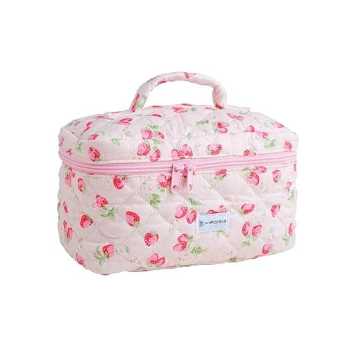 MIROSIE Handmade Makeup Bag, Zipped Skincare Organizer,Strawberry Travel Cosmetic Bag,Large Capacity Beauty Purse for Women Girls, Pink - Image 1