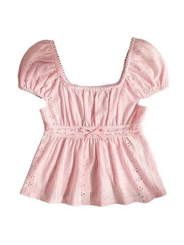 SOLY HUX Girl's Summer Lace Peplum Babydoll Top Square Neck Short Sleeve Tee Shirts Eyelet Cute Tops - Image 1