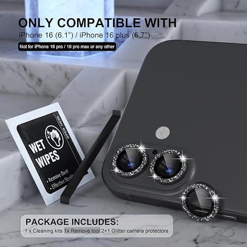 Choiche Compatible for iPhone 16 /iPhone 16 Plus Camera Lens Protector Bling, 9H Tempered Glass Camera Cover Screen Protector Metal Ring Decoration Accessories(Glitter-Black) thumbnail 2