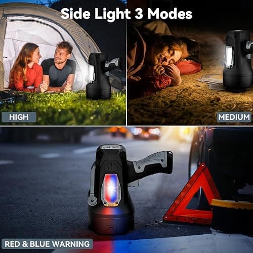 Rechargeable Spotlight 200000 Lumens, Waterproof Super Bright Spotlight Flashlight, LED Spotlights with 3 Color Lenses and Foldable Stand, Long Runtime Large Handheld Spot Light for Outdoor Boating thumbnail 8