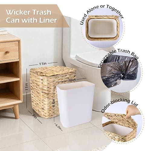 ARQRHTLY Wicker Trash Can and Handwoven Tissue Box Cover Set Rattan Waste Basket with Lid and Liner Boho Decorative Water Hyacinth Square Napkin Box Holder for Bathroom Bedroom Kitchen Living Room thumbnail 2