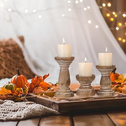 Candle Holder for Pillar Candle Set of 3, Farmhouse Wood Candle Holder, Rustic Wooden Candle Stand, Vintage Small Wooden Candlestick HoldersDecorative for Living Room, Table Centerpiece (Brown) thumbnail 5