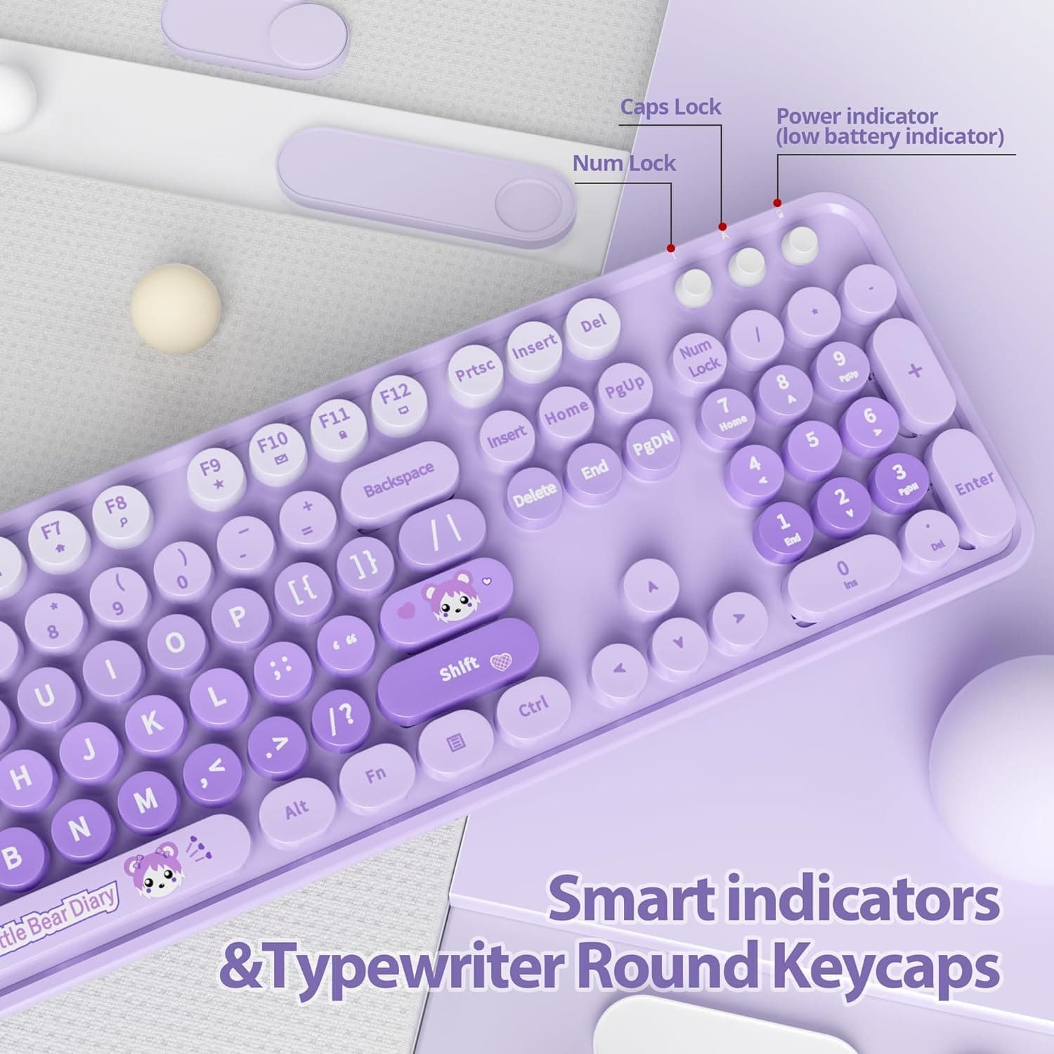 Teclado y Mouse inalámbrico Español,Tecla Redondas Retro Vintage,Multicolor-Morado Gradiente - Morado Gradiente thumbnail 7