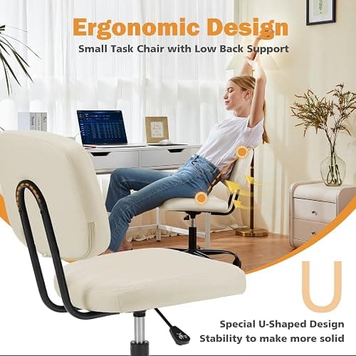 Sweetcrispy Office Desk Chair, Small Vanity Chair, Lumbar Support | Armless PU Leather, Height Adjustable Rolling Swivel Task, Bedroom Home Student, Beige White thumbnail 3