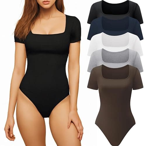 CE' CERDR Women’s 5 Pack Short Sleeve Bodysuits Square Neck T-shirt Basic Casual Tops Body suit - Image 1