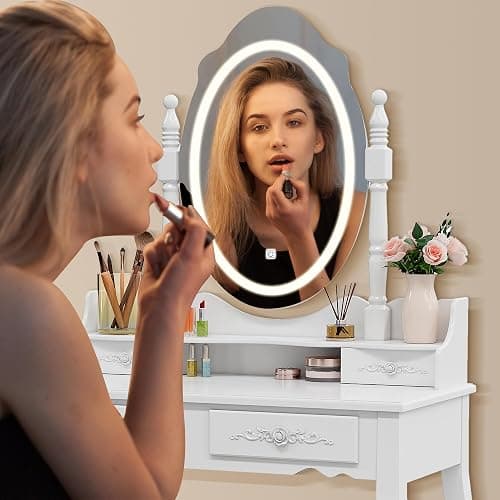 Vanity Desk with Mirror and Lights, Modern Vanity Makeup Table and Cushioned Stool Set with 4 Drawers, 3 Color Lighting Modes with Adjustable Brightness, Dressing Table Set for Bedroom (White Vanity) thumbnail 5