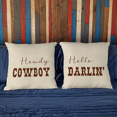 CarOptics Howdy Cowboy & Hello Darlin’ Lumbar Pillow Covers 18x18 Inch – Set of 2 Western Couple Throw Pillowcases for Rustic Farmhouse Decor, Country Gifts for Couch or Sofa (Beige) thumbnail 5