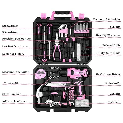 DEKOPRO Drill Set, Home Tool Set with 8V Pink Cordless Drill, Hand Tool Kit for Women, 126 pcs thumbnail 2