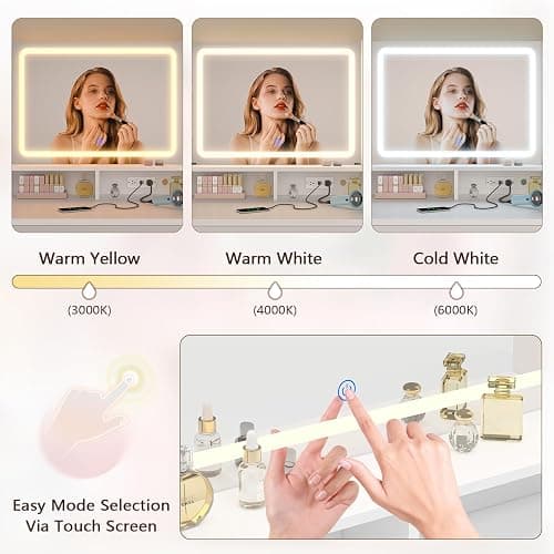 Vanity Desk with Mirror and Lights, White Makeup Vanity Table with 360° Rotating Shelves, Large Vanity Desk with 7 Drawers, Power Outlet, Dressing Table Set with Lighted Mirror Adjustable, for Bedroom thumbnail 5