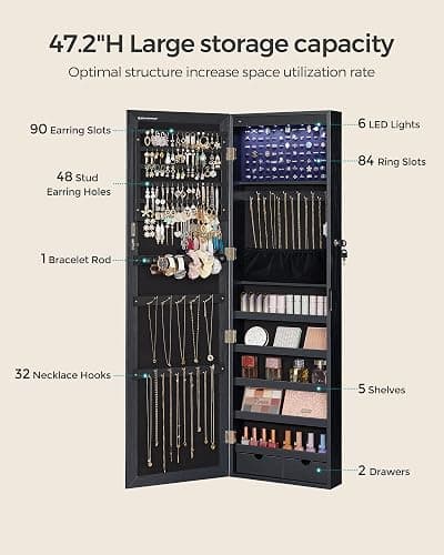 SONGMICS 6 LEDs Mirror Jewelry Cabinet, 47.2-Inch Tall Lockable Wall or Door Mounted Jewelry Armoire Organizer with Mirror, 2 Drawers, 3.9 x 14.6 x 47.2 Inches, Black UJJC093B01 thumbnail 6