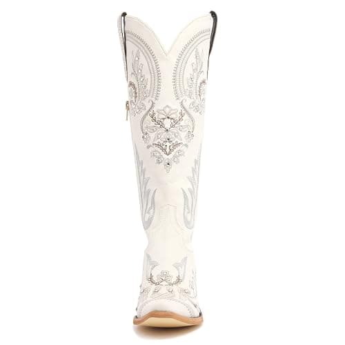 Western Cowboy Boots for Women Embroidered Rhinestones Knee High Cowgirl Boots Pointed Toe Chunky Heel Fashion Retro Classic Tall Boot - 8 - Cream thumbnail 4