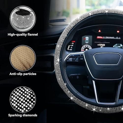 Limsas Bling Rhinestone Steering Wheel Cover with Crystal Diamond for Women, Sparkling Car Wheel Protector Universal Fit 14-15 inches - White thumbnail 4