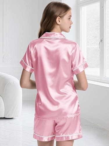 LANKMEI Girls Pajamas 2 Piece Silky Satin Pajamas Set Short Sleeve Top and Shorts, Soft and Cozy Sleepwear for Kids thumbnail 5