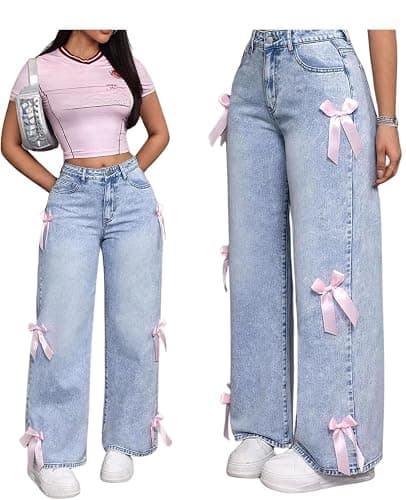 BeRamg Baggy Jeans for Girls Women Bow High Waisted Loose Cute Pants | Pink Bow, Wide Leg ,Jeans for Teens, Cute Clothes for Teen Girls, Teenager Clothing, Baggy Pants,Y2K Fun Style - Image 1