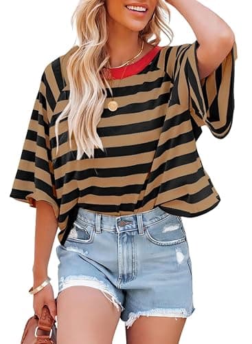 Dokotoo Tops for Women Striped T Shirts Color Block 2026 Summer Basic Tee | Fall Outfits,Short Sleeve,Crewneck,Business Casual,Oversized,Resort Wear,Crop Tops,Cruise Outfits,Fashion Clothing - Image 1