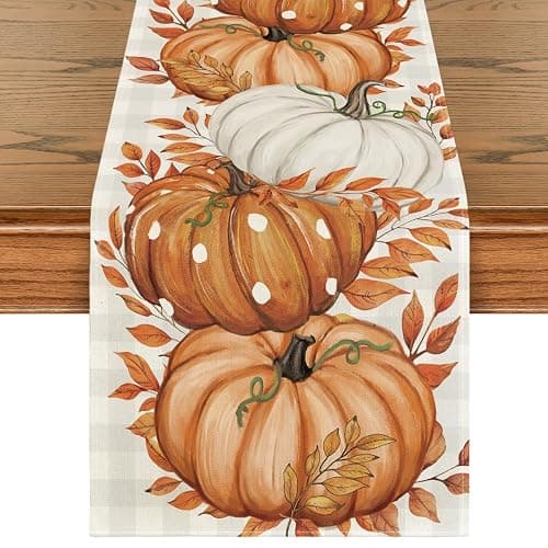 Artoid Mode Buffalo Plaid Orange Pumpkins Eucalyptus Fall Table Runner, Autumn Thanksgiving Kitchen Dining Table Decoration for Home Party Decor 13x36 Inch - Image 1