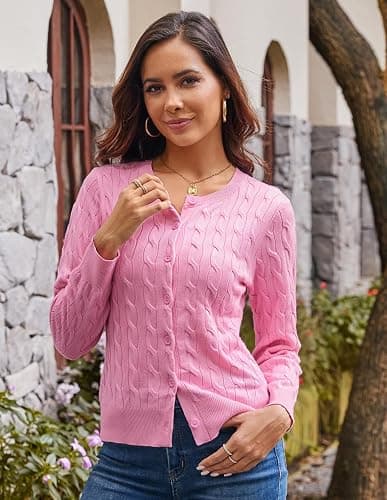 GRACE KARIN Womens Long Sleeve Button Up Cable Knit Cardigan Lightweight 2025 Crewneck Button Down Sweaters for Women thumbnail 2