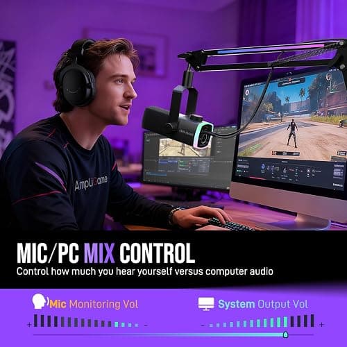 FIFINE Gaming Microphone Kit, XLR/USB Dynamic PC Microphone with Boom Arm for Podcast Recording, RGB Streaming Mic Set, Tap-to-Mute, Mix Control, Headphone Jack-AmpliGame AM8PROT thumbnail 5