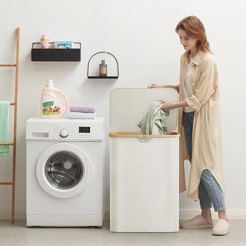 Lifewit 150L Laundry Basket with Lid, Clothes Hampers for Laundry with Bamboo Handles and 2 Removable Bag, Large Foldable Laundry Hamper for Bedroom, Bathroom, Dorm, Laundry Room, Off White thumbnail 2