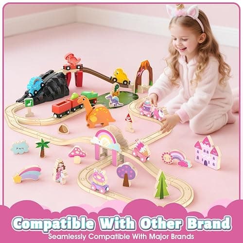 Lehoo Castle Wooden Train Set - Unicorn Train Set for Toddlers 2-4, Wooden Train Track Toddler Girl Toys, Pink Train Fantasy Toys for 3 4 5 6 7 Year Old Girl thumbnail 4
