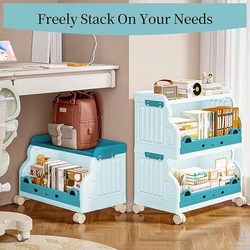 Roqao Book Cart, 4 Tier Rolling Cart, Movable Rolling Bookcase, Book Shelf for Kids Rooms, Rolling Utility Cart with Lockable Casters for Classroom, Study, Office, Bedroom - Sky Blue thumbnail 6