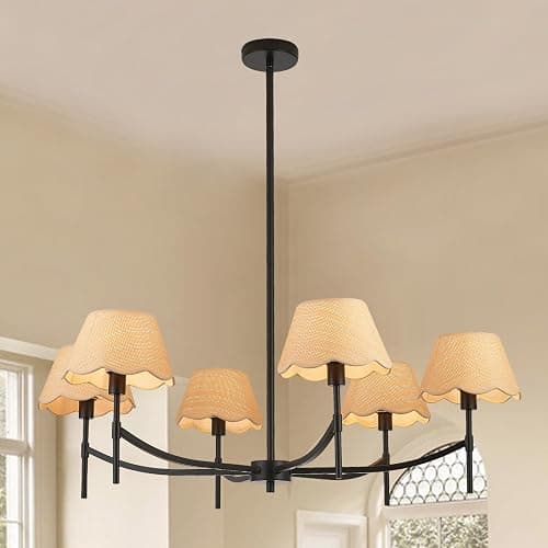 Haolaike 39 Inch Boho Chandelier Light Fixture 6 Lights Adjustable Large Hand Woven Rattan Rustic Black Pendant Lights Farmhouse Hanging Light Fixture for Dining Room Kitchen - Image 1