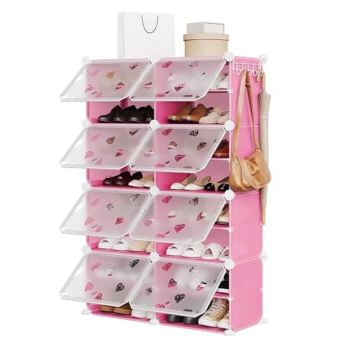 TrailBlaze 8-Tier Expandable Shoe Rack Organizer – Plastic Closet Shoe Storage Cabinet with PVC Shelves and Door – Space-Saving Design for Entryway, Bedroom, Hallway – Pink thumbnail 5