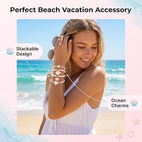 YOJO 5 Pcs Pink Beach Bracelets for Women, Summer Preppy Ocean Beaded Bracelet Set with Shell and Starfish Charms, Stackable Aesthetic Stretchy Jewellery, Vacation Gift for Girls thumbnail 3