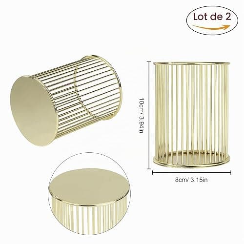 MengH-SHOP Porte-stylo en Métal Pot à Crayon Stylo Multifonction Creux Porte Crayons Papeterie de Stockage Organiseur Conteneur pour Domicile, École, Bureau, 8cm de Diamètre, 2 Pièces (Doré) thumbnail 3