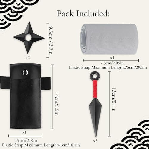 OOHGLITZ 7-Piece Anime Cosplay Kit, ABS Plastic Ninja Kunai (5.1") Throwing Stars/Shuriken(3.5") Toy Set with Pouch and Bandage for Anime Fans, Martial Arts Props Black thumbnail 2