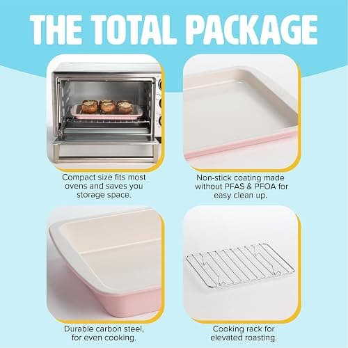 Tasty Nonstick Toaster Oven Baking Set Includes Cake Pan, Oven Tray, Rack, Carbon Steel Bakeware, 3-Piece Set, Pink thumbnail 4
