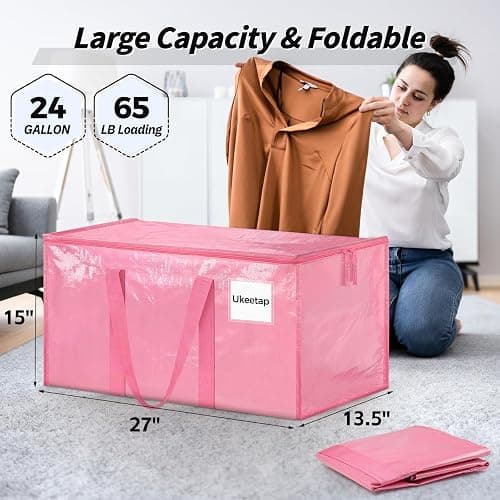 8 Pack Extra Large Heavy Duty Moving Bags, Pink Storage Bins with Lids, Reinforced Handles & Heavy-Duty Zippers Moving Boxes Storage Bags Totes for Clothes Packing, Dorms, College Supplies, Pink thumbnail 2