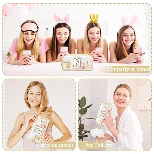 Mini Clear Personalized Initial Makeup Bag, Nylon Preppy A-Z Chenille Letter Patch Zipper Cosmetic Bag, Small Cute Pouch Travel Coin Purse Toiletry Bag, Small-Beige, N thumbnail 6