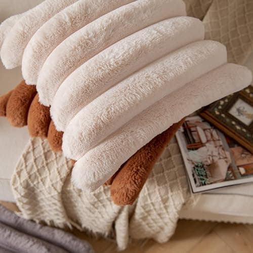 YAERTUN Set of 2 Beige Striped Decorative Cushion Covers 16x16 Inch 40x40 cm Plush Soft Throw Pillow Case with Velvet Back Faux Rabbit Fur Pillow Covers Sofa Couch Bed Livingroom thumbnail 5