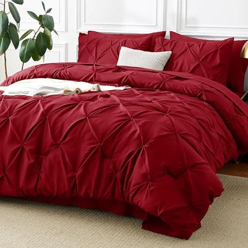 CozyLux King Size Comforter Set Dark Red, 7 Pieces Pintuck Bed in A Bag Red Comforter King Size, Pinch Pleat Bedding Set with All Season Comforter, Sheets, Pillowcases & Shams - Image 1