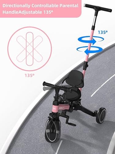 XJD Toddler Bike, 6 in 1 Folding Toddler Tricycle for 1-4 Year Old with Parental Control Handle, Balance Bike with Removable Pedal, Backrest, Adjustable Seat, First Christmas Birthday Gifts (Pink) thumbnail 8