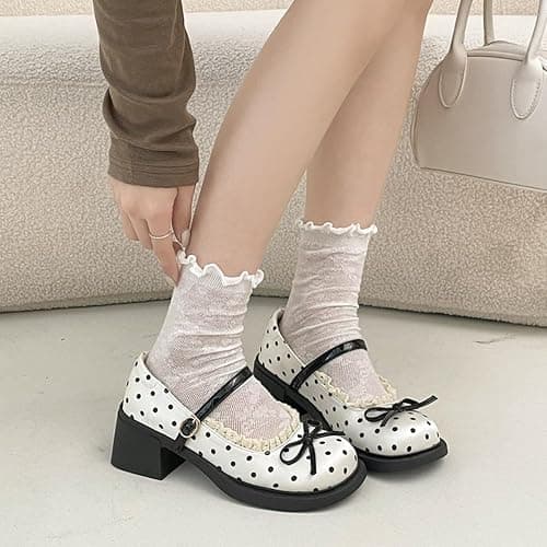 Scarpe Mary Jane da donna con punta rotonda a pois e fiocco | Delicato pizzo regolabile T-bar fibbia piattaforma tacchi dolce stile Lolita calzature per vacanze universitarie e feste thumbnail 3