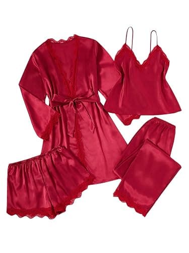 SweatyRocks Women's Silk Pajamas Set 4pcs with Robe Lace Trim Shorts Lounge Sets Pants Sleepwear - Image 1