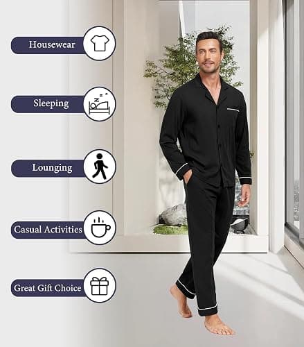 COLORFULLEAF Men's 100% Cotton Pajamas Set Button Down Pajamas for Men Long Sleeve 2 Piece Sleepwear Lounge Sets with Pockets thumbnail 5