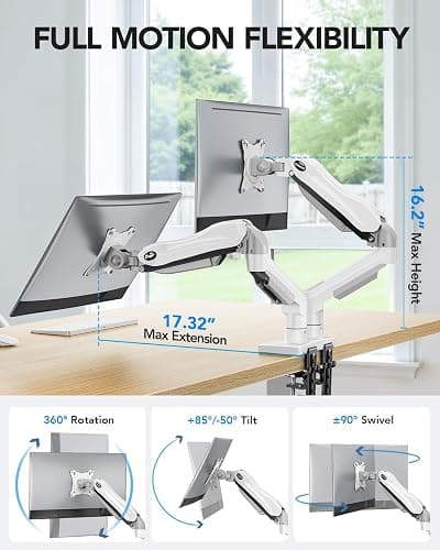 HUANUO Dual Monitor Stand - Full Adjustable Monitor Desk Mount Swivel Vesa Bracket with C Clamp, Grommet Mounting Base for 13 to 32 Inch Computer Screens - Each Arm Holds 4.4 to 19.8lbs - White thumbnail 3