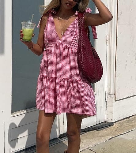 Women Y2K Tie Shoulder Mini Dress Bow Ruffle Flowy Babydoll Dress Floral Boho Sundress Summer Going Out Dress - Three Gingham Red - Large thumbnail 3